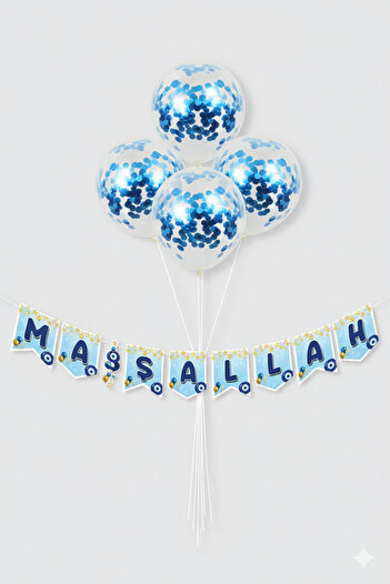 Deniz Party Store Star Detailed Mashallah Banner 4 Transparent Balloons with Confetti