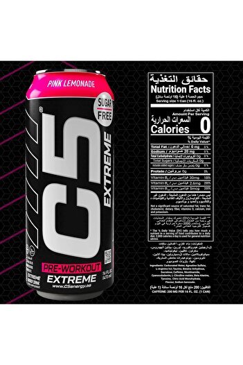 C5 Energy C5 Drink Extreme Pink Lemonade Pre Workout Sugar Free, Zero Calories, 200mg (Box Of 12 PCS)