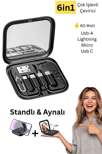 Abbruch 6in1 Aynalı Çevirici Kiti Standlı 60w 3A Usb Veri Kablosu Hızlı Şarj Type C Lightning Mikro Çevirici