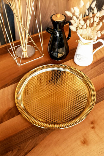 Tezyinat Wood Stainless Forged Metal Serving Tea Coffee Catering Presentation Tray (Not Rusting)