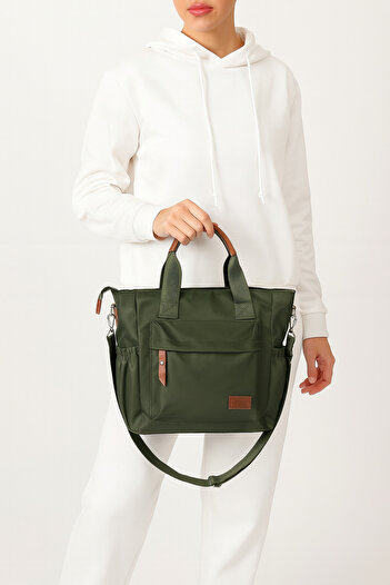 H&D COLLECTİON Green Women's Soft Satin Fabric Multi-Compartment Faux Leather Detailed Bag