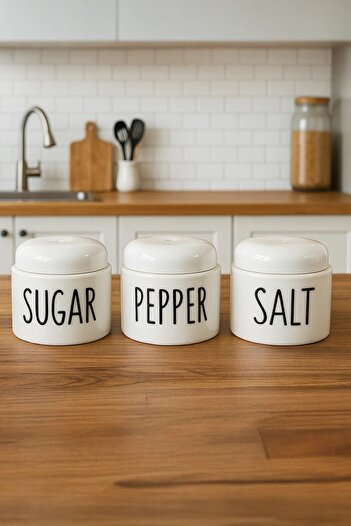 Kitchen Life Set of 3 Porcelain Salt Pepper Sugar Spice Jar - Salt, Pepper, Thyme Storage Container