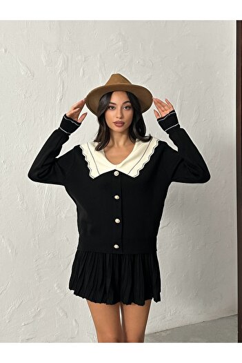 BEJNA Women's Black Stylish Collar Blouse Skirt Bottom Top Knitwear Set