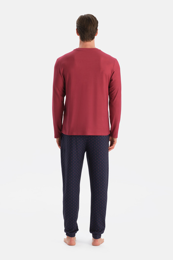 Eros Red Stitching Detailed Long Sleeve Thermal T-Shirt Pants Pajama Set