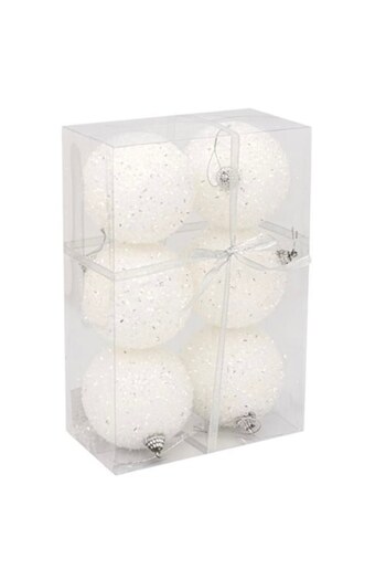Merry Christmas Set of 6 Christmas tree baubles, white, tinsel, 8 cm