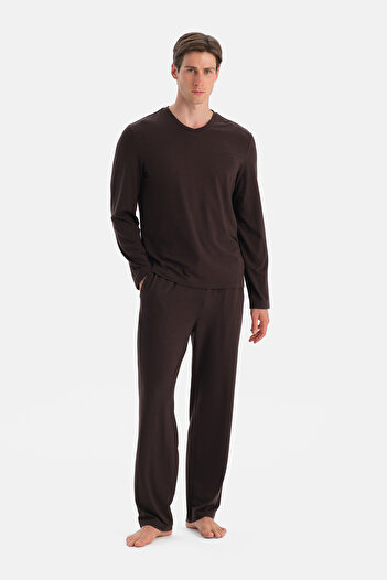 Eros Dark Brown V-Neck Pocket Detail T-Shirt Pants Set