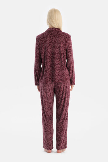 Eros Burgundy Leopard Velvet Shirt Pants Set