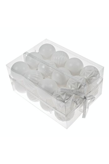 DECO Set de 24 globuri de Crăciun, culoare albă, diametru 6 cm, modele asortate, fabricate din plastic