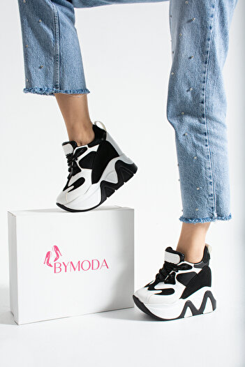 Bymoda New Season Black and White Hidden Wedge Heels Sneakers Total Height 10 cm