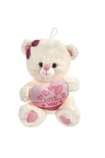ANTBRO plush toy bear, cream color, fuchsia glitter bow and pink glitter heart with 'Love You' embro