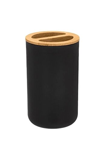 ANTBRO ® Toothbrush Holder Black Plastic with Bamboo Details, Ø6.5x11cm