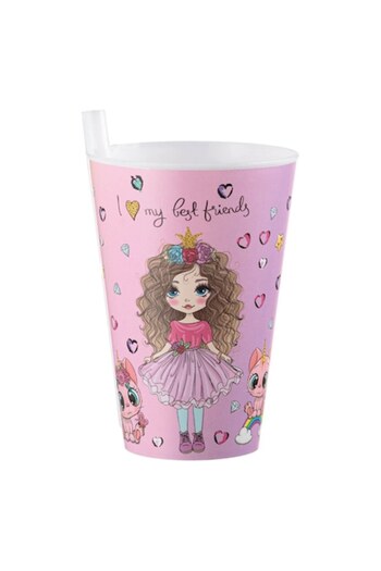 OEM Cup with Integrated Straw, Girls and Cats Model, Pink, 0.4L, Plastic