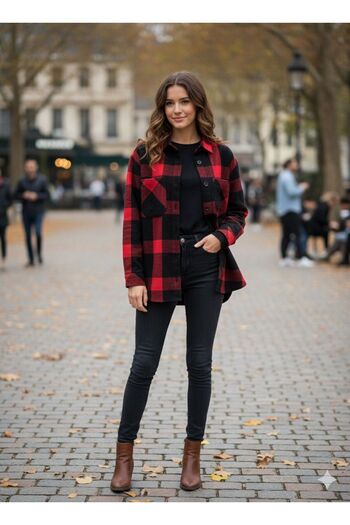 Meşe Moda Red Black Plaid Lumberjack Shirt Jacket