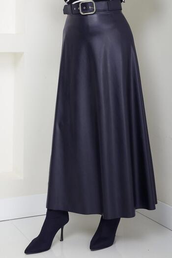 hafsamina Belted Leather Skirt Navy Blue Hm2641