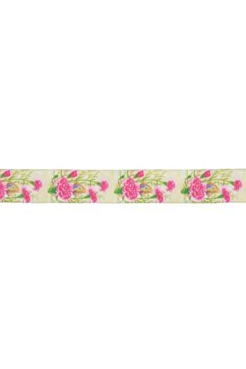 OEM Satin Ribbon, Fuchsia Flower Design, Green, Size 1m x 2.5cm