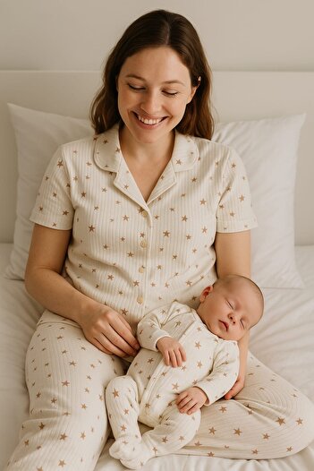 Genel Markalar Anne ve Bebeğin İlk Uyumu Yıldız Baskılı Anne Pijama&Bebek Tulum Set