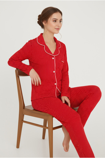 Bravie Luxury Viscose Red Polka Dot Patterned Women's Long Sleeve Pajama Set – 42563