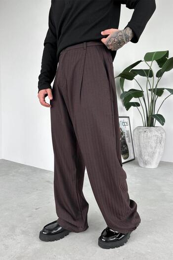HAFKAGİYİM Brown Parfe Striped Premium Fabric Pants with Elastic Waist