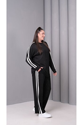 Esina Women's Crystal Fabric Flared Leggings Tracksuit Set with Stone and Stripe Detail