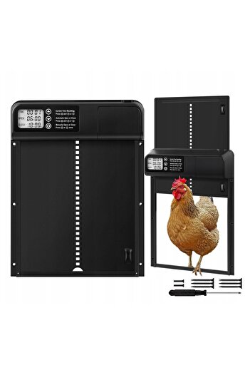 zola Automatic door for chicken coop, LED display, IP45, sensor, aluminum, batteries, 33 x 26 cm, black
