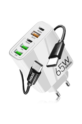Timebox Mains Charger, 5 Ports, 65W Fast Charge, 3 x USB, 2 x Type-C, Data Cable Included USB-C Black