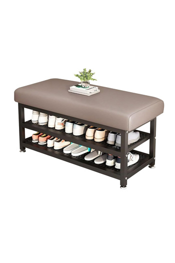 genric FFD 2-Tier Shoe Rack with Soft Cushion, Metal Frame Entryway Shoe Changing Stool, Space-Saving Grey
