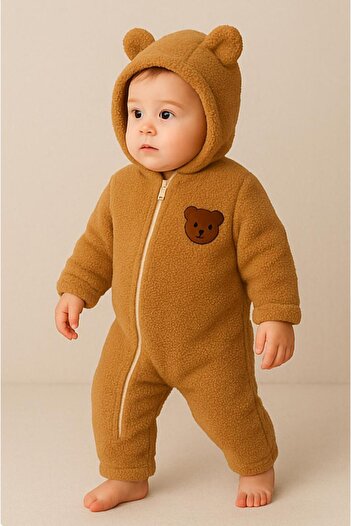 nevrankids Plush Cross-Zipper Teddy Bear Figure Hooded Jumpsuit