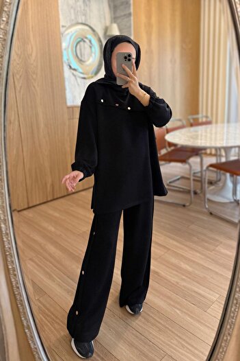 Ka Hijab Gold Button Detail Modal Set - Black