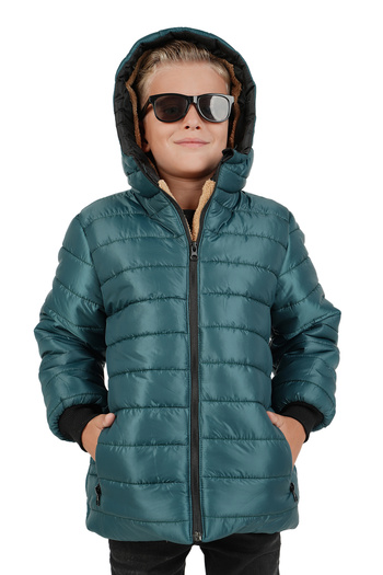 JARMO KİDS Boy's Waterproof and Windproof Fur-Lined Hooded Coat with Straight Line Pattern