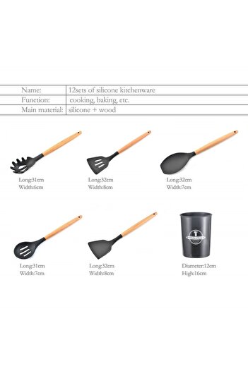 XIUWOO Set 12 Kitchen Utensils, XIUWOO, Wood/Stainless Steel/Silicone, Black