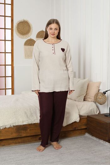 FORVENS Plus Size Embroidered Cotton Heart Detailed Pajama Set