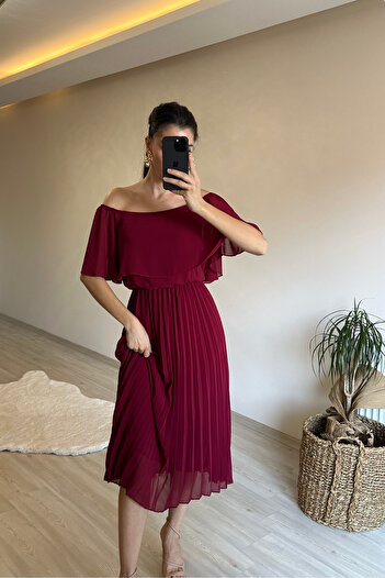 Neşeli Butik Women Off Shoulder Pleated Midi Chiffon Dress Nm006