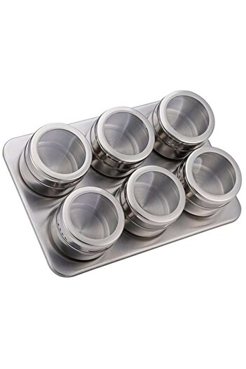 WDR Set condimente WDR, 6 recipiente, din Inox cu suport magnetic, Argintiu