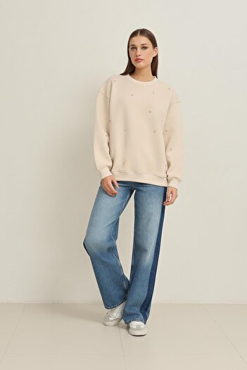 Setre Cream Crew Neck Stone Detailed Long Sleeve Sweatshirt