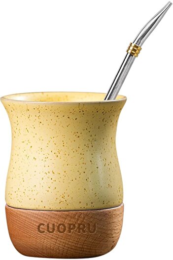 Lava Roastery Ceramic and Wood Yerba Mate Cup Mug High Quality, 8.79 oz
