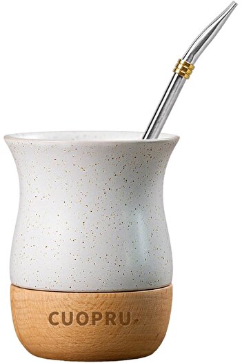 Lava Roastery Ceramic and Wood Yerba Mate Cup Mug High Quality, 8.79 oz