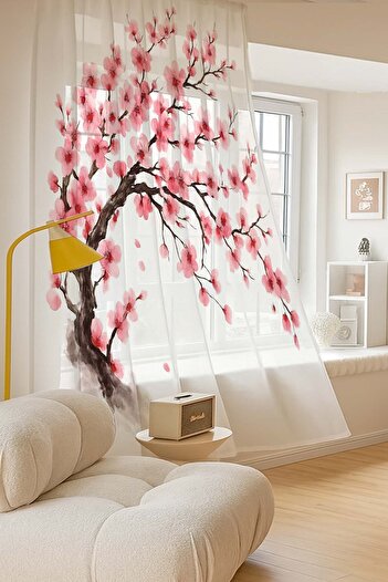 Else Dekor Sakura Pink Flower Tree Pattern Digital Printing Background Curtain Living Room Kitchen Bedroom 140X260Cm