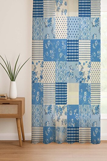 Else Dekor Blue and White Patterned Digital Printing Background Curtain Living Room Kitchen Bedroom 140X260Cm