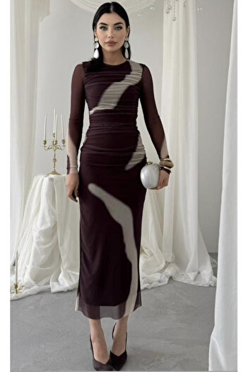 Julidress Patterned Crew Neck Slim Fit Lined Premium Tulle Dress