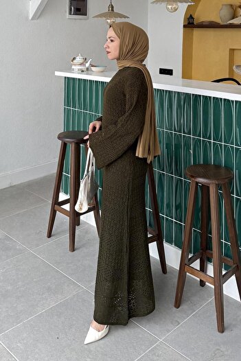lamelif Lace Knitwear Dress Khaki