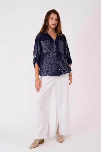Park Moda 22007-11 Leopard Print Shirt with Drawstring Detail and Sequin Detail