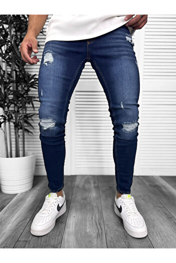 dehaine Blugi barbati slim fit, albstri, model cu rupturi, 6121