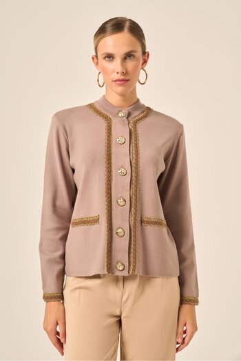 FTZ WOMEN Striped Detailed Cardigan Milk Coffee 25199