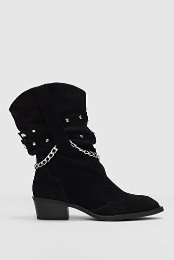 selinshoes Elara Genuine Leather Chain Detailed Western Women's Boots - Black Suede