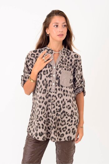 Park Moda 15451-23 Leopard Print Sequin Detail Three Button Shirt