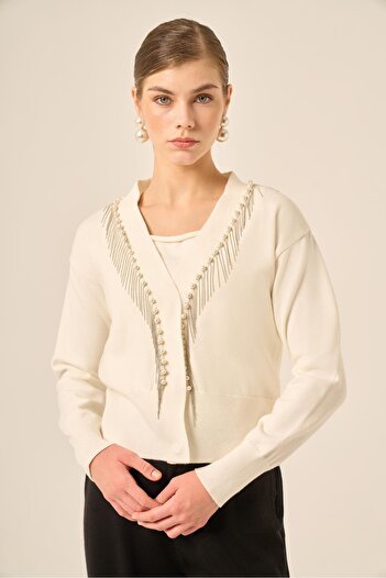 FTZ WOMEN Women's Stripe Detail Cardigan Ecru 25004