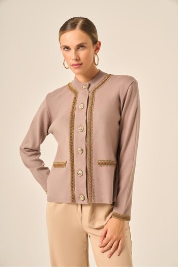 FTZ WOMEN Striped Detailed Cardigan Milk Coffee 25199
