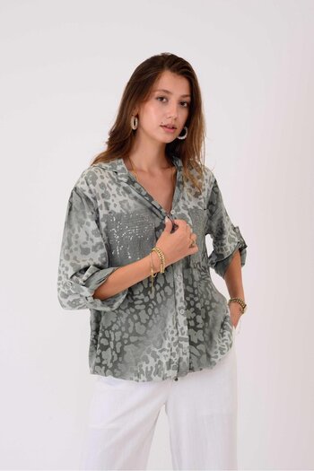 Park Moda 22007-11 Leopard Print Shirt with Drawstring Detail and Sequin Detail