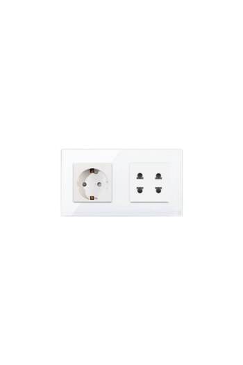 Bingoelec Dual Socket 4M (2+2M), 1x Shuko 16A + 2x 1M Sockets, Italian Standard, Glass Frame, White