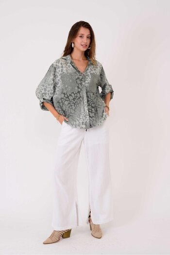 Park Moda 22007-11 Leopard Print Shirt with Drawstring Detail and Sequin Detail